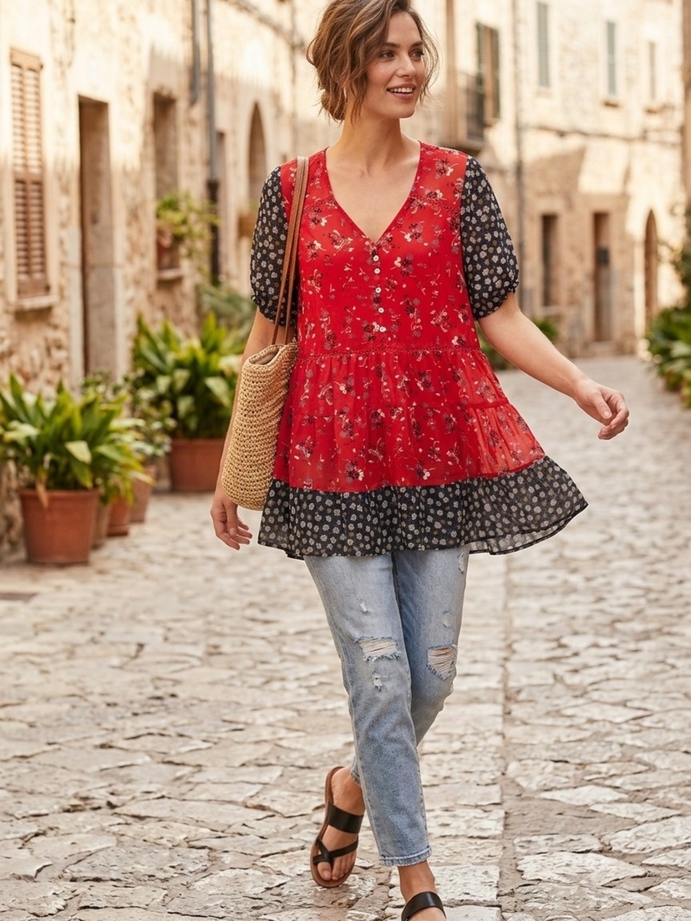Suzanne Betro Red Mixed Floral Tiered Peasant Blouse, Size Medium